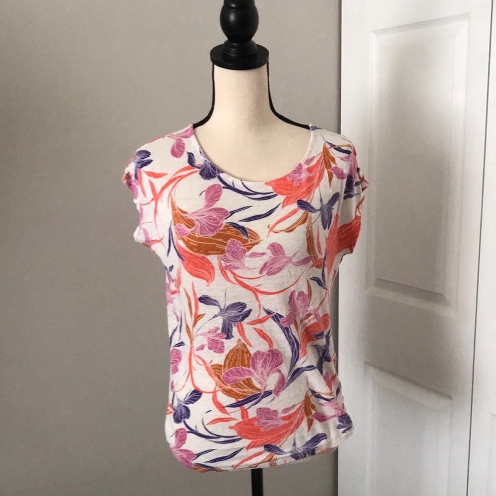 CINTHIA ROWLEY Flowers Print Cap Sleeves 100% Linen Summer Top | M